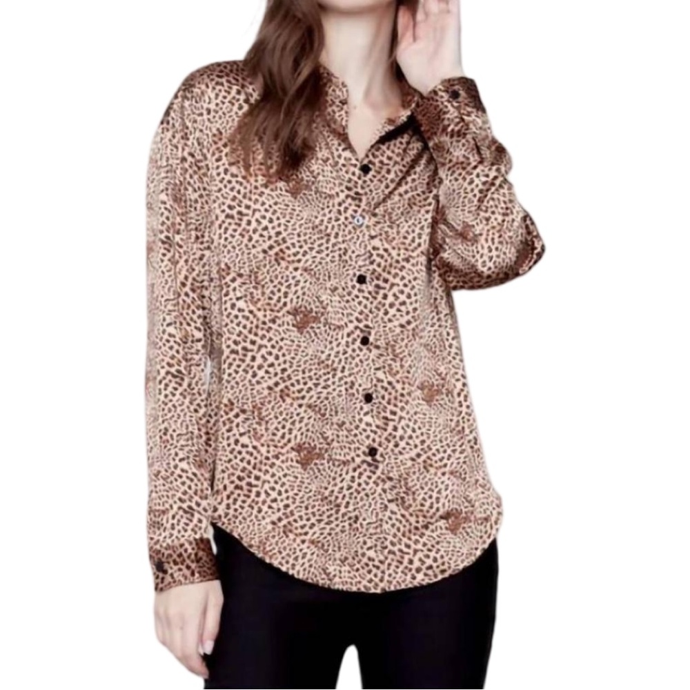 Charlie B Gutsy Button Down Satin Blouse Animal Print Brown Black Size XL New